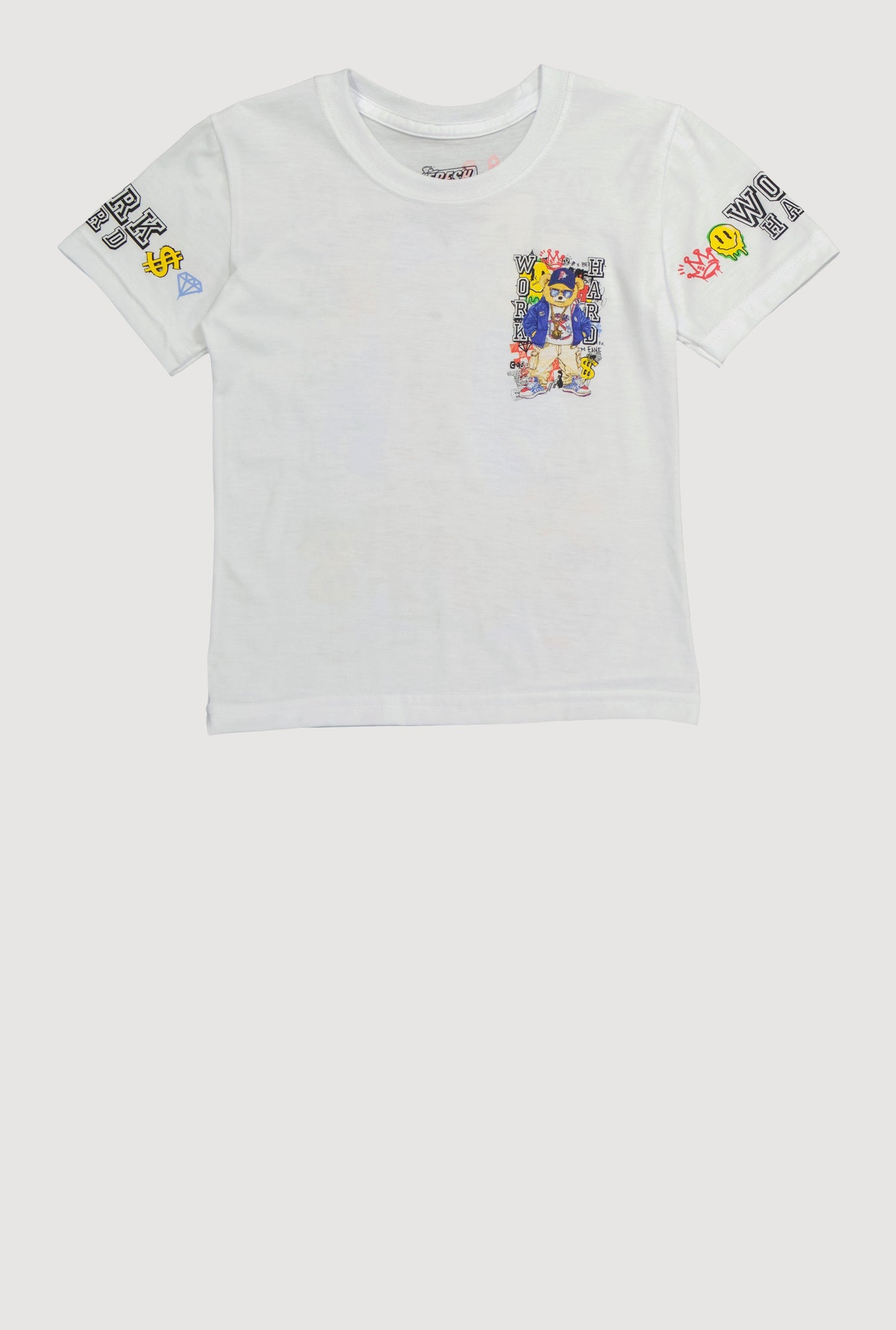 Little Boys Work Hard Teddy Graphic Crew Neck Tee
