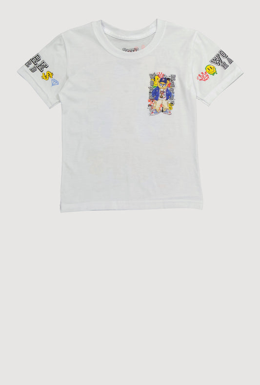 Little Boys Work Hard Teddy Graphic Crew Neck Tee