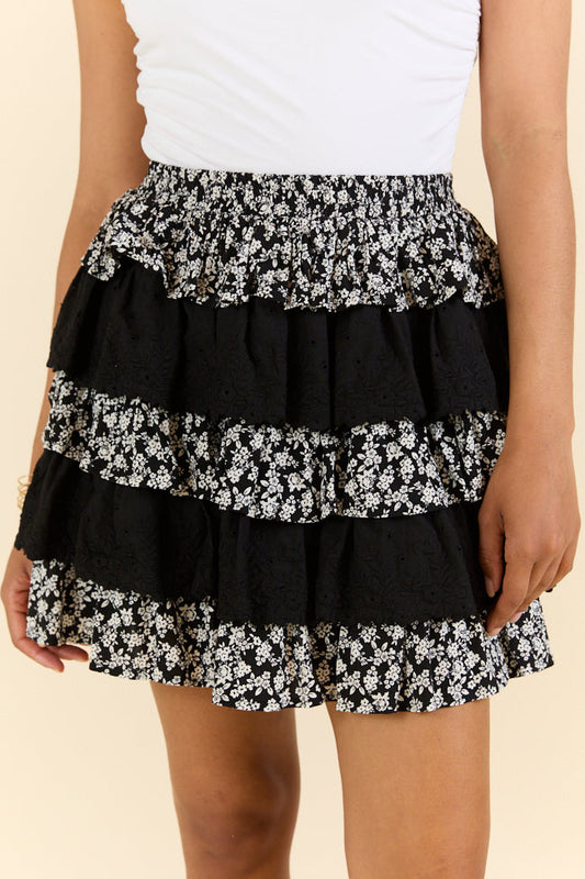 Best Memory Black Floral Tiered Ruffle Skort SALE