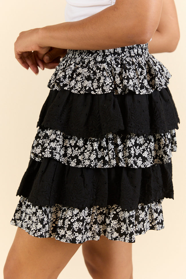Best Memory Black Floral Tiered Ruffle Skort SALE