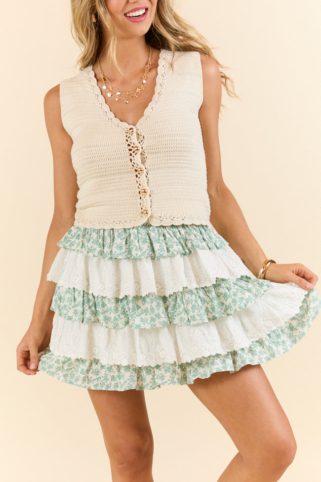 Best Memory Sage and Ivory Floral Tiered Ruffle Skort SALE