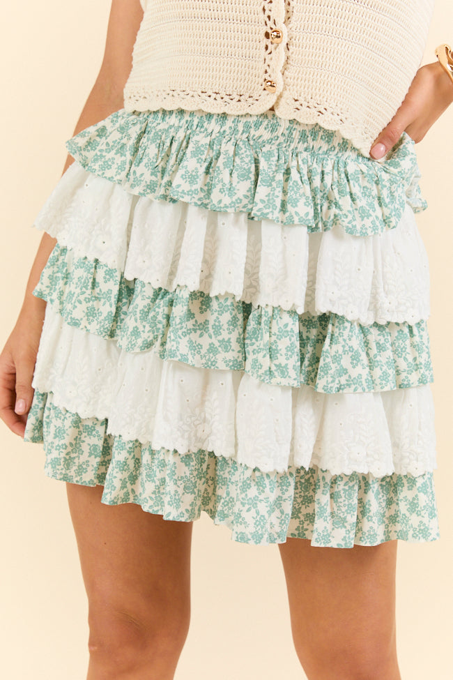Best Memory Sage and Ivory Floral Tiered Ruffle Skort SALE