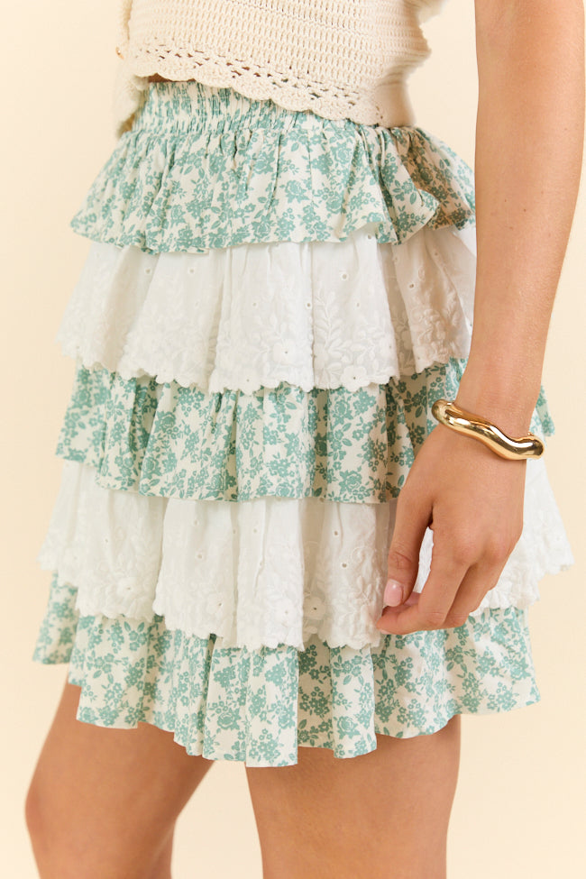 Best Memory Sage and Ivory Floral Tiered Ruffle Skort SALE