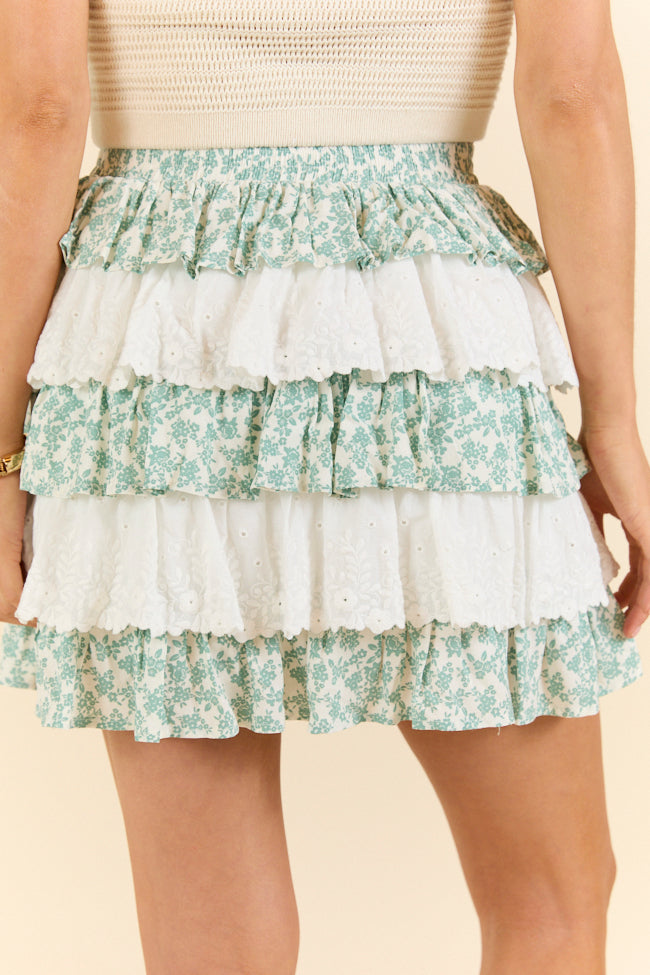 Best Memory Sage and Ivory Floral Tiered Ruffle Skort SALE